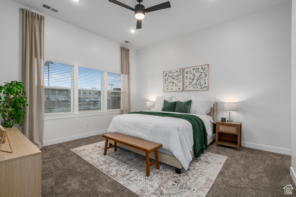 Bedroom featuring baseboards, visible vents, a ceiling fan, carpet flooring, and recessed lighting