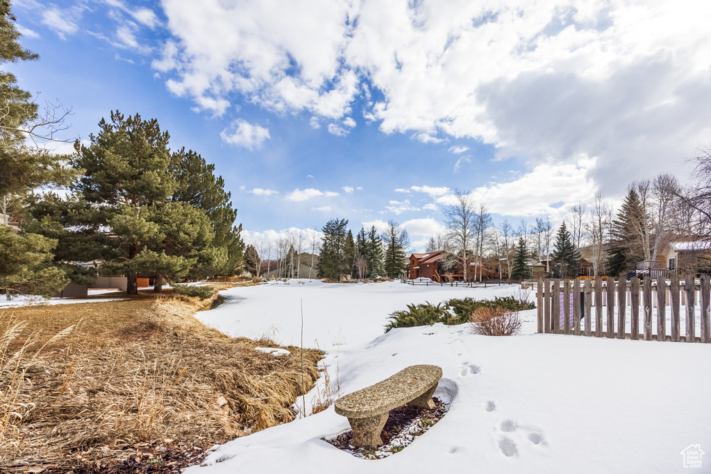 Yard layered in snow with fence