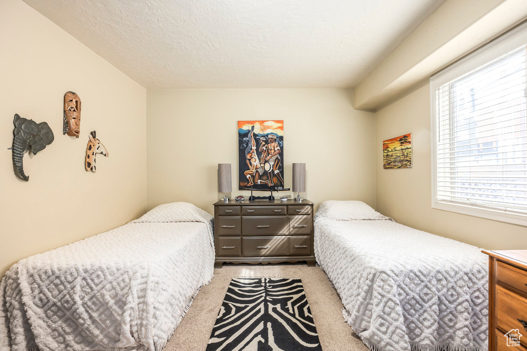Bedroom with light colored carpet