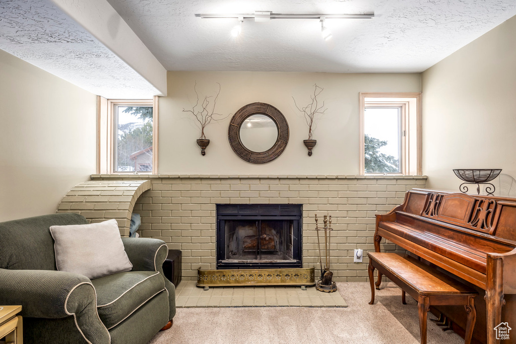 Living area featuring carpet floors, a brick fireplace, rail lighting, and a textured ceiling