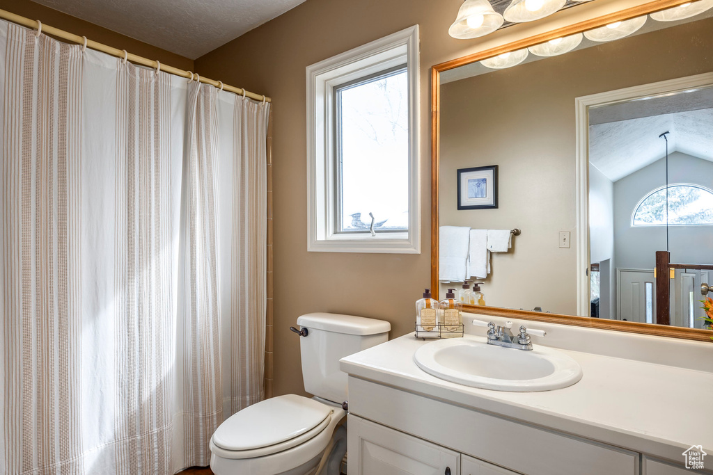Bathroom featuring vanity, lofted ceiling, and toilet