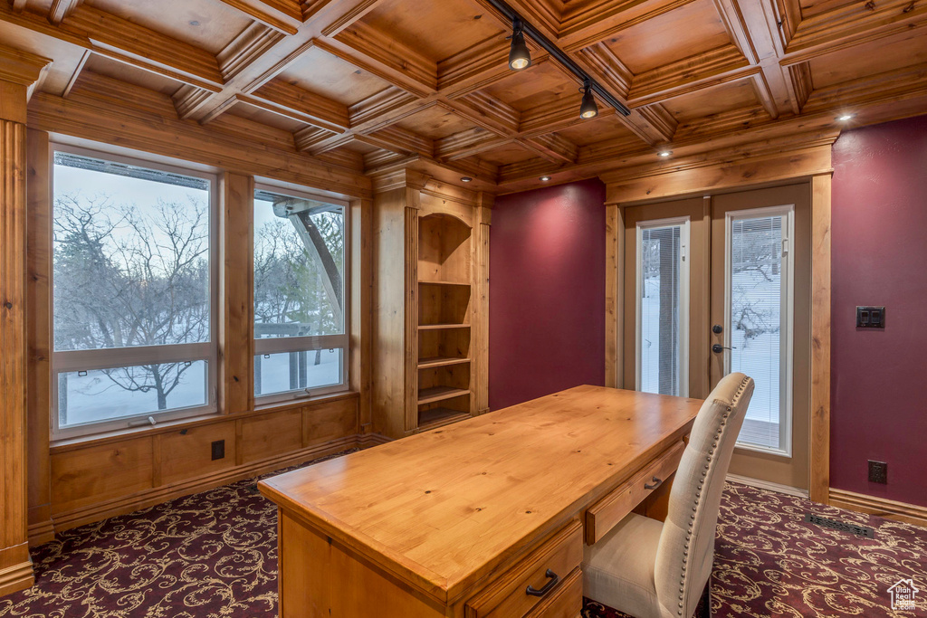 Office space featuring wooden ceiling, french doors, and coffered ceiling