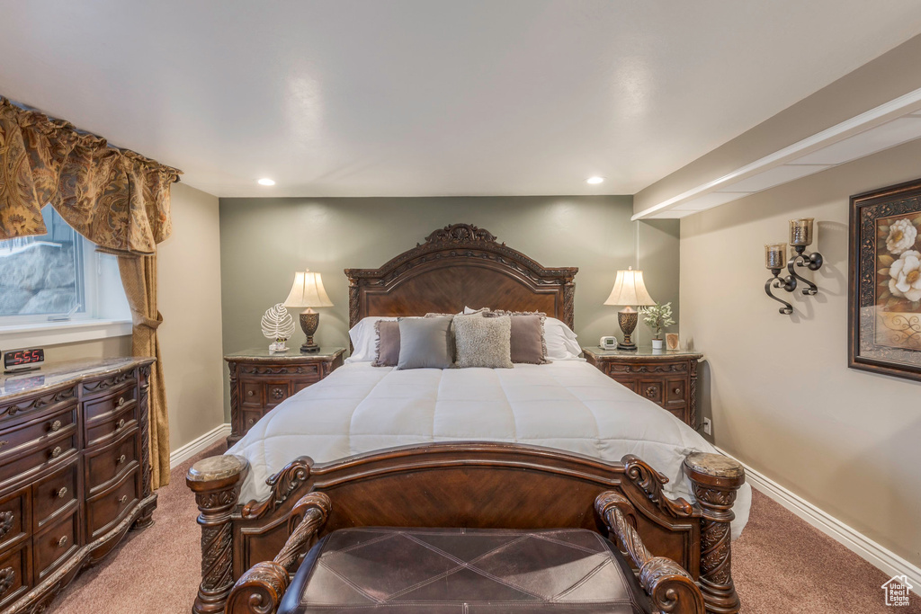 Bedroom featuring carpet floors, recessed lighting, and baseboards
