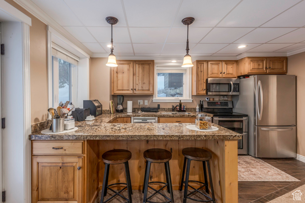 Kitchen with appliances with stainless steel finishes, a breakfast bar area, a paneled ceiling, a peninsula, and pendant lighting