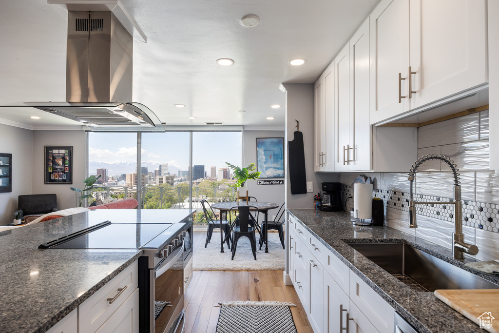 Kitchen featuring stainless steel electric stove, a sink, island exhaust hood, light wood-style floors, and crown molding