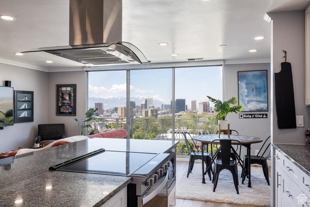 Kitchen featuring island range hood, electric range, ornamental molding, healthy amount of natural light, and light wood-style flooring