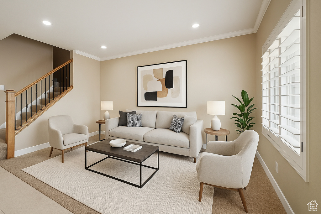 Living room featuring stairs, baseboards, recessed lighting, healthy amount of natural light, and crown molding