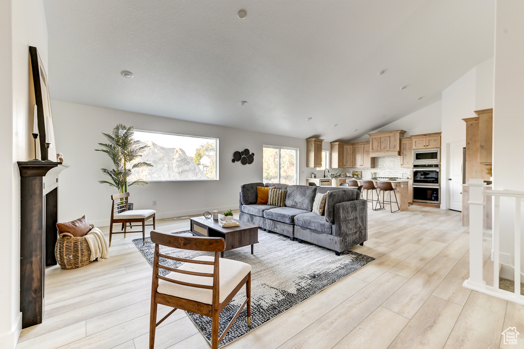 Living room featuring lofted ceiling, light wood finished floors, and a fireplace