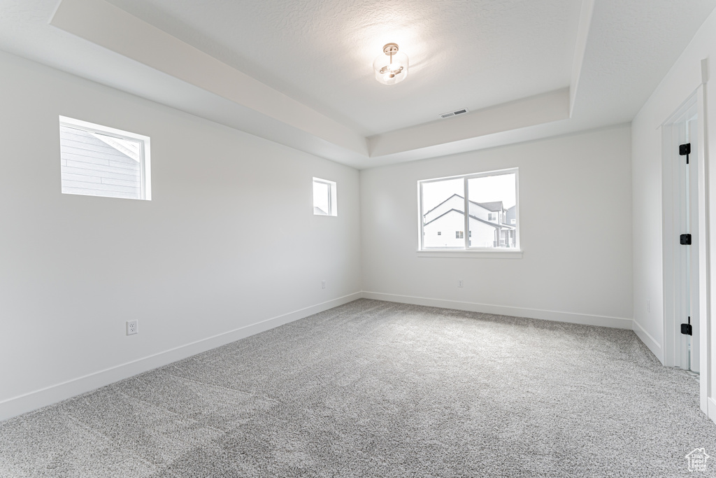 Carpeted empty room with a tray ceiling and baseboards