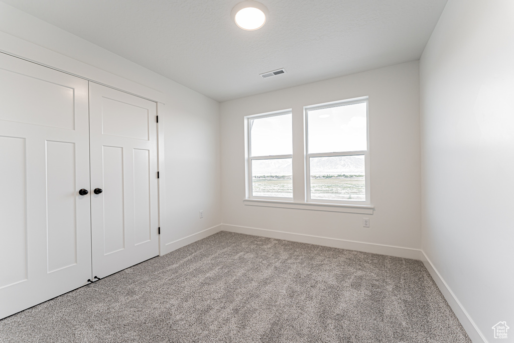 Unfurnished bedroom featuring light colored carpet, baseboards, and a closet