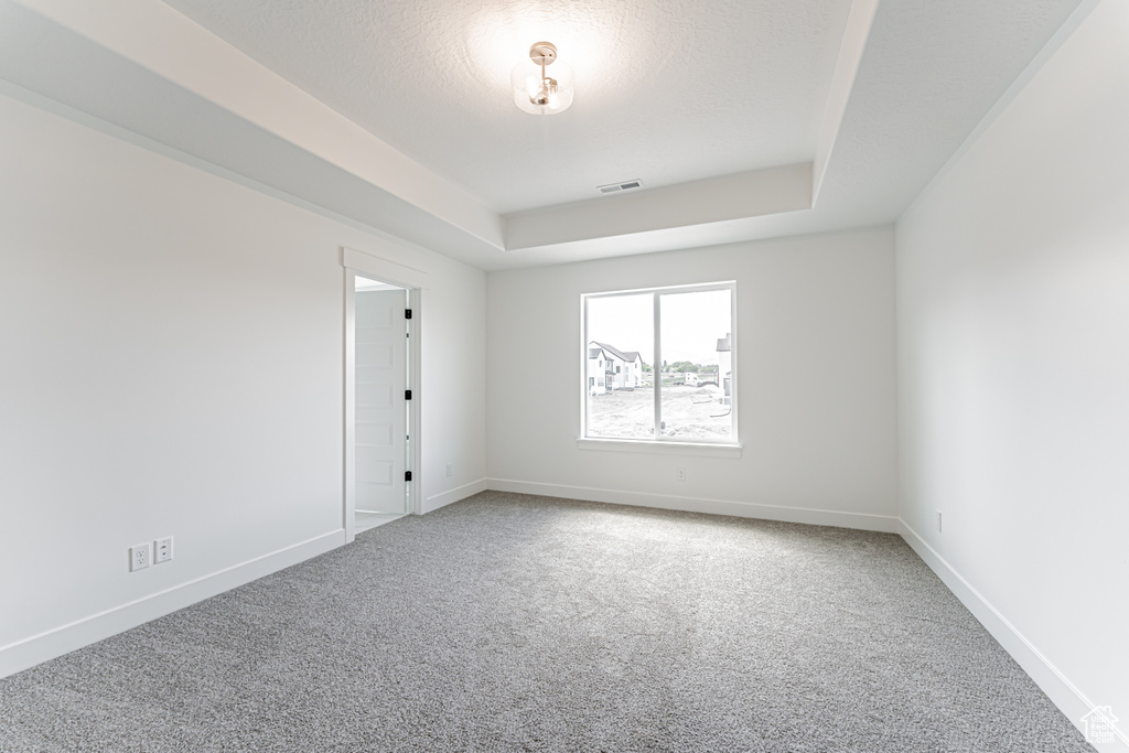 Spare room with carpet, baseboards, and a raised ceiling