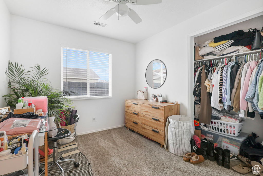 Office space with ceiling fan, carpet flooring, and visible vents