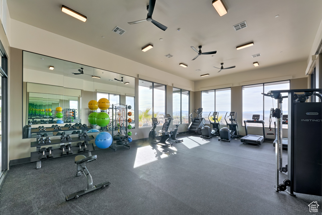 Workout area with visible vents and ceiling fan