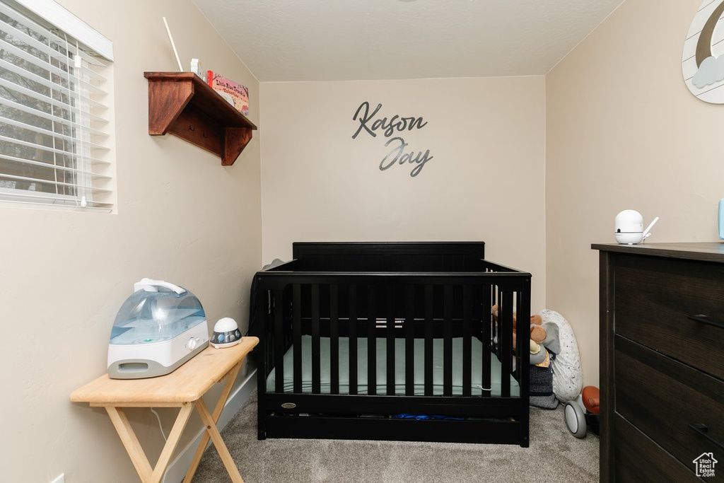 Bedroom featuring carpet floors and a crib