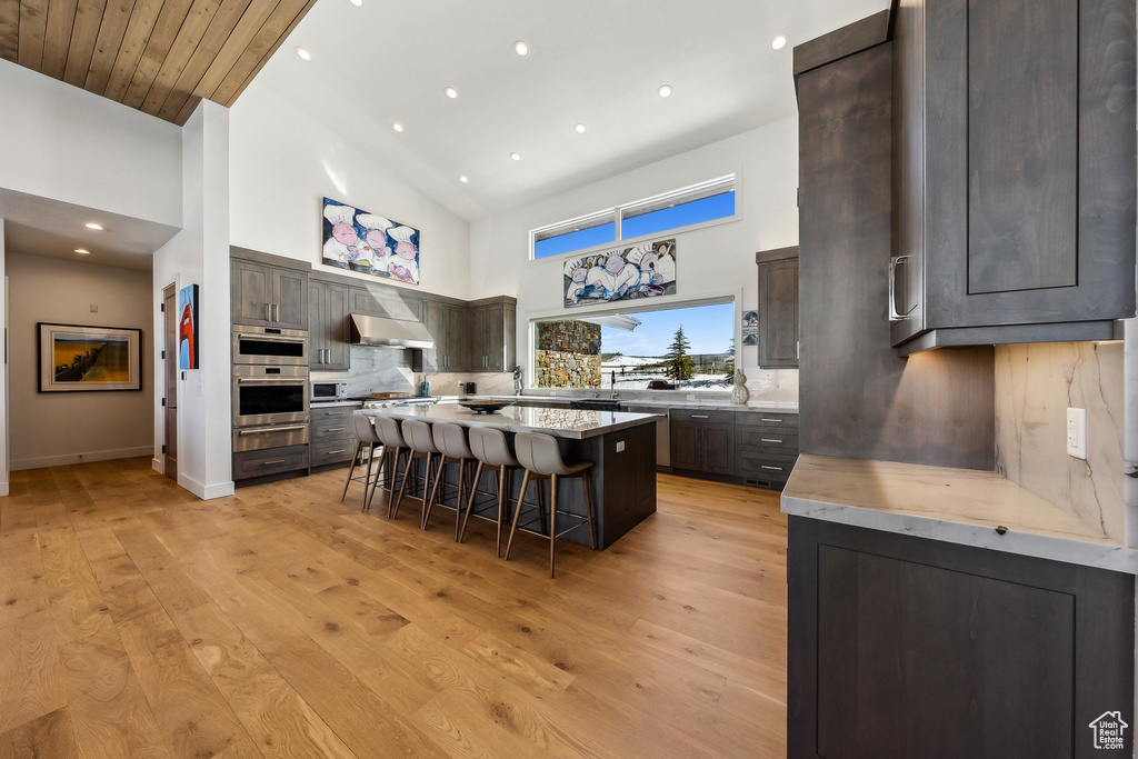 Kitchen with high vaulted ceiling, a kitchen breakfast bar, backsplash, a kitchen island, and a warming drawer