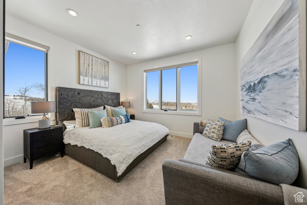 Bedroom featuring light carpet and recessed lighting