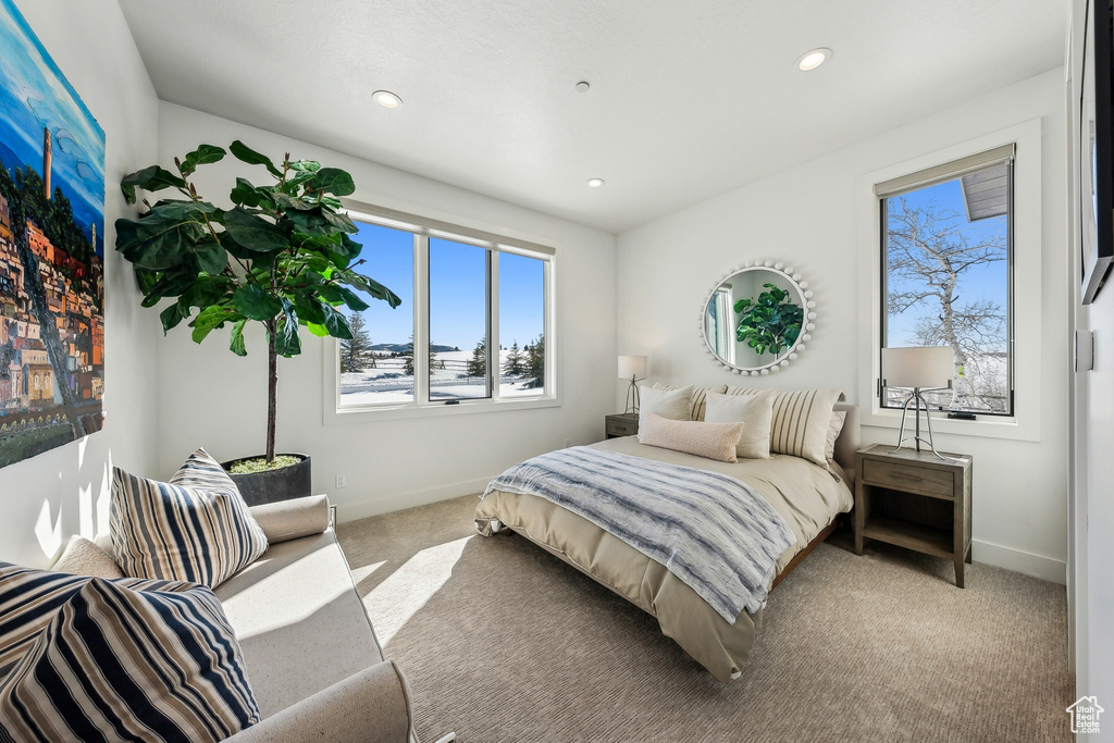 Carpeted bedroom featuring multiple windows and recessed lighting