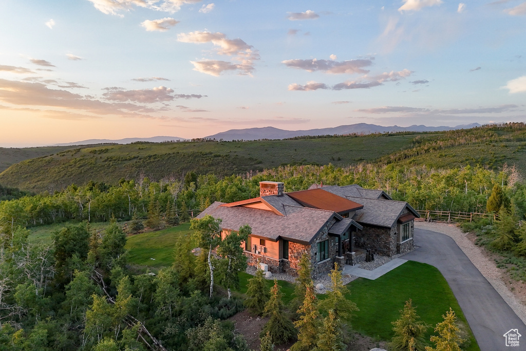 Aerial view at dusk of a mountain view