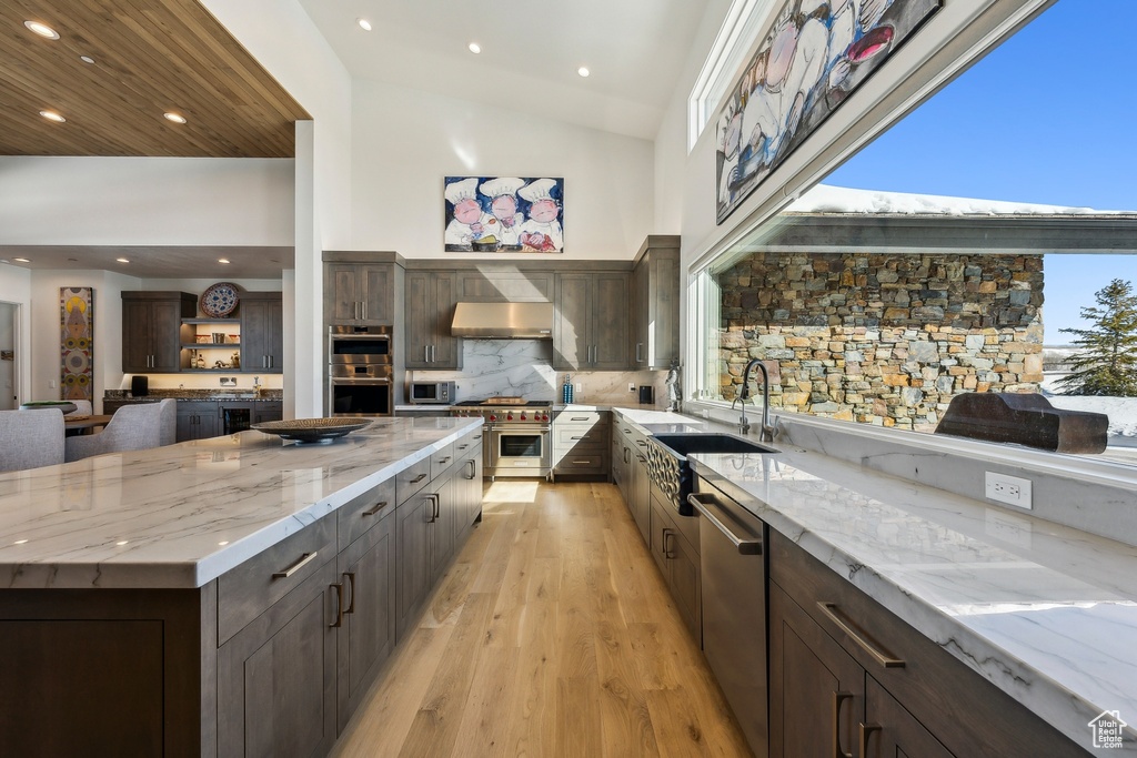 Kitchen featuring appliances with stainless steel finishes, dark brown cabinets, light wood-type flooring, light stone counters, and decorative backsplash