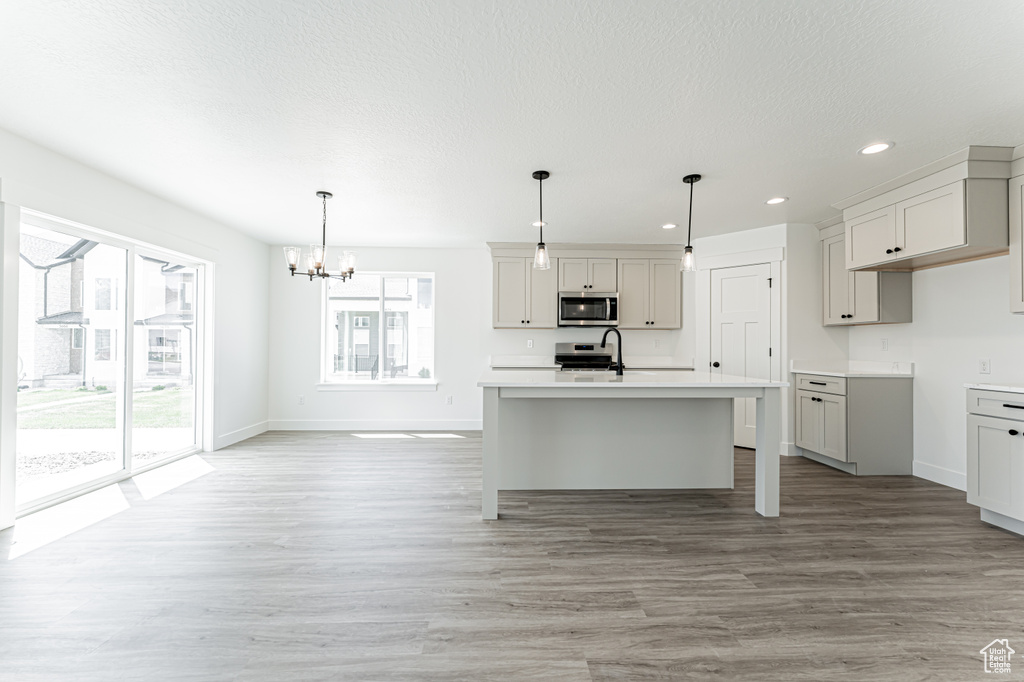 Kitchen with appliances with stainless steel finishes, a chandelier, light wood finished floors, recessed lighting, and a kitchen island with sink