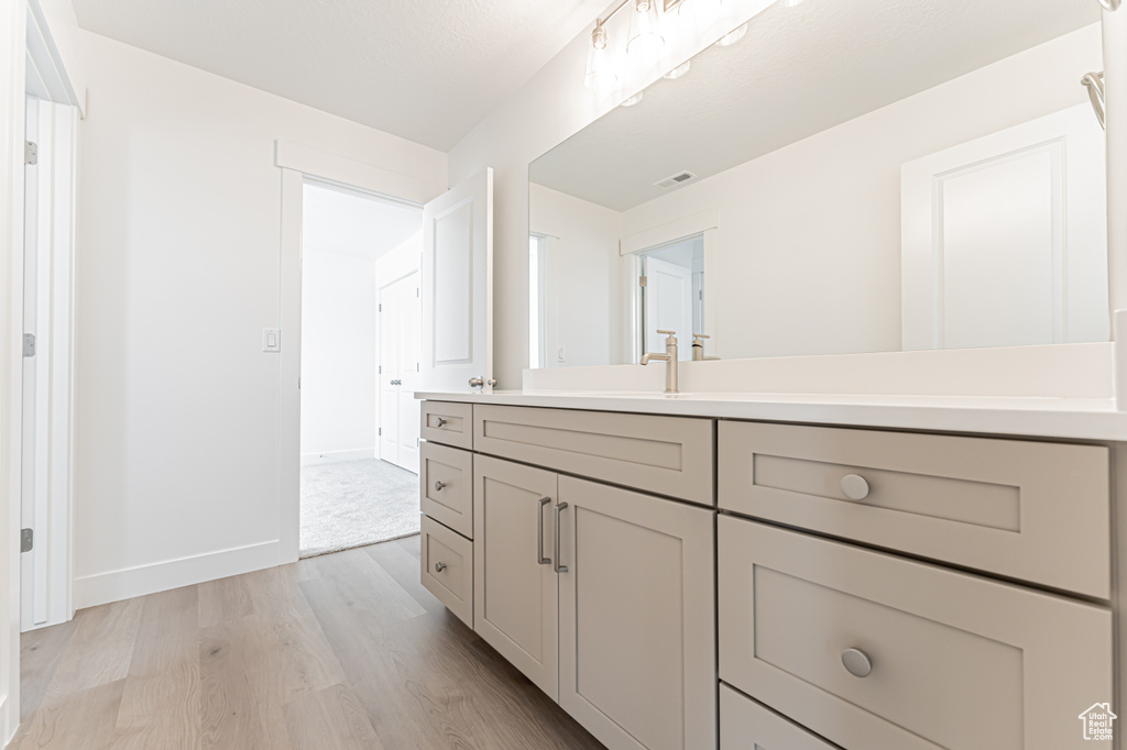 Bathroom with wood finished floors and vanity