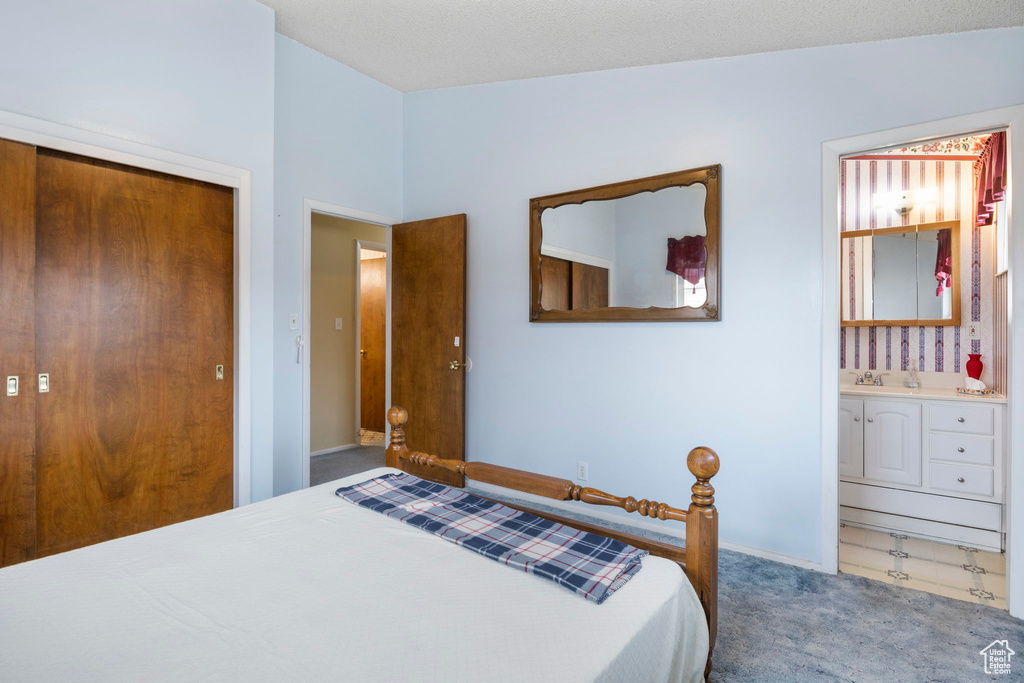 Bedroom featuring carpet, lofted ceiling, a closet, a sink, and ensuite bath