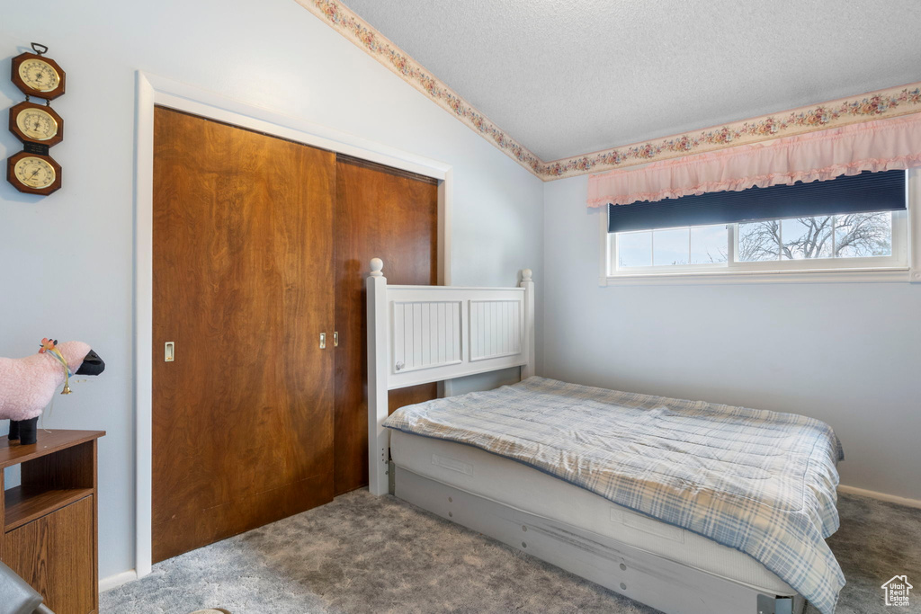 Bedroom featuring vaulted ceiling, carpet floors, a closet, and a textured ceiling