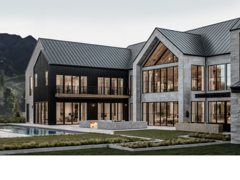 Rear view of house featuring a standing seam roof, a mountain view, an outdoor pool, a balcony, and metal roof