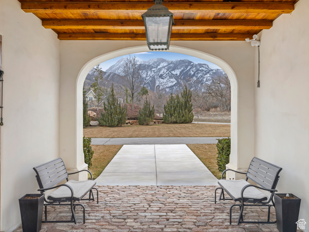 View of patio / terrace with a mountain view