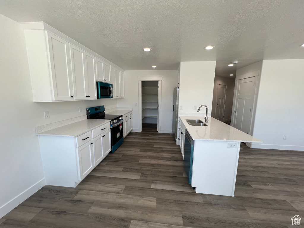Kitchen with stainless steel appliances, dark wood-style flooring, white cabinets, and a sink