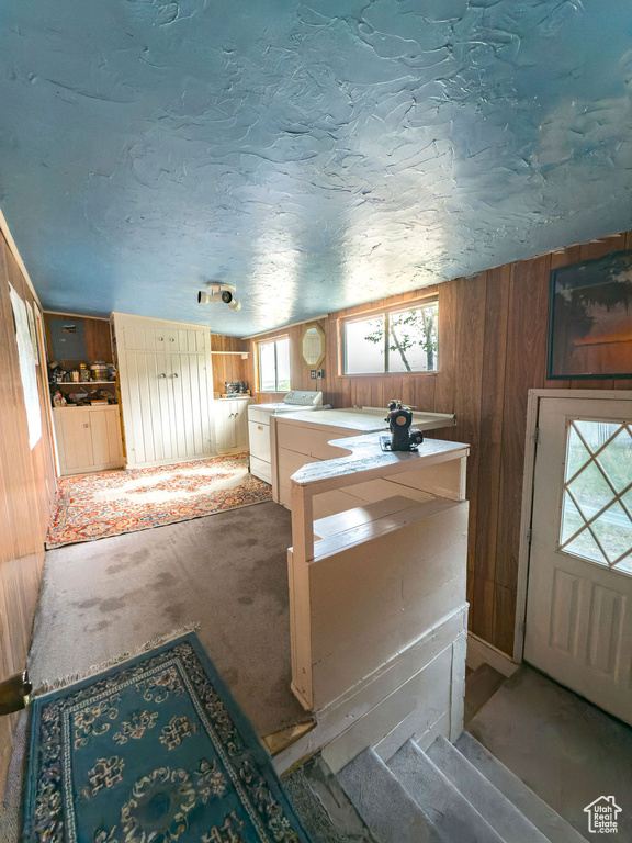 Kitchen with carpet and wooden walls