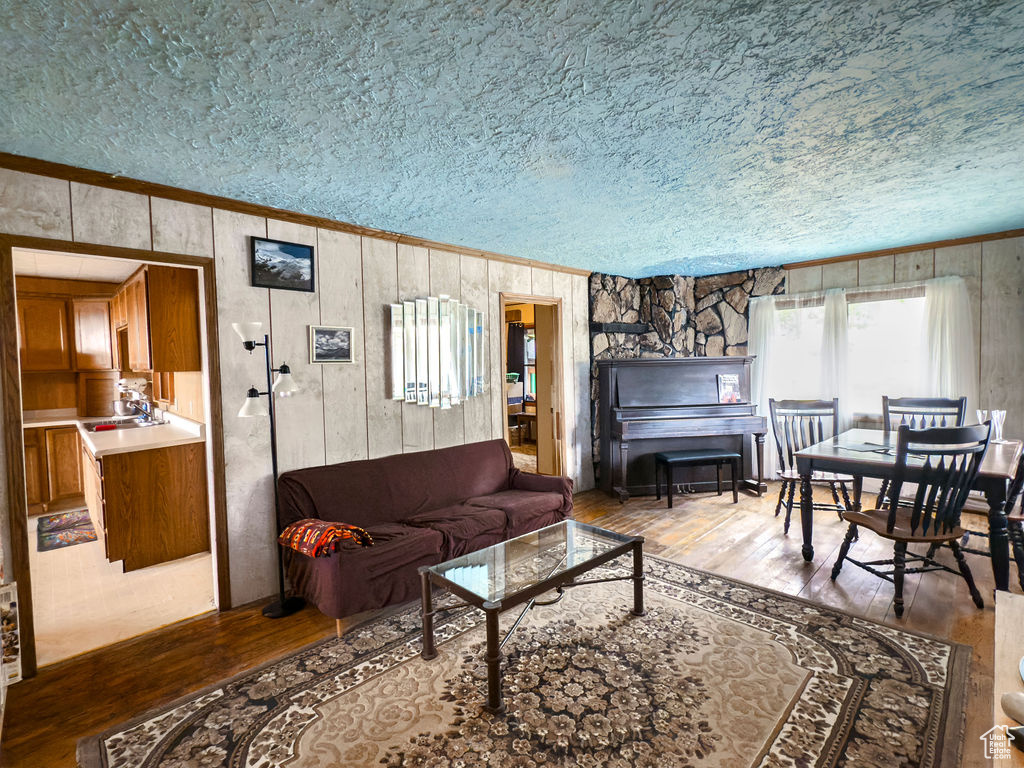 Living room with ornamental molding, hardwood / wood-style flooring, a textured ceiling, and wooden walls