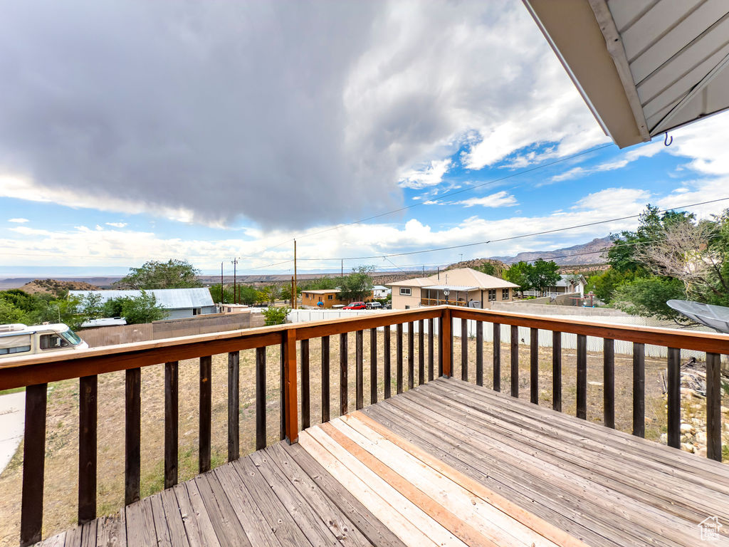 Wooden terrace with a fenced backyard
