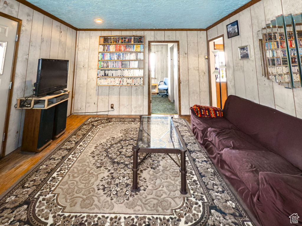 Living room featuring ornamental molding, wooden walls, wood finished floors, and a textured ceiling