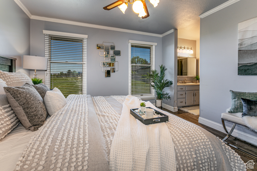 Bedroom featuring wood finished floors, multiple windows, ornamental molding, baseboards, and ensuite bathroom