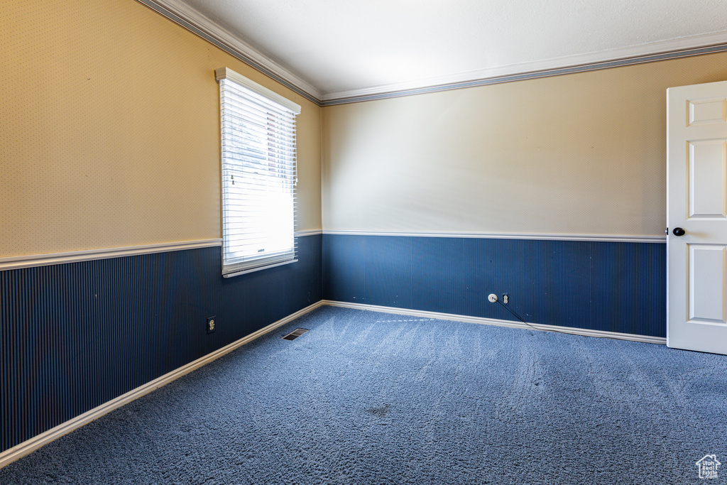 Carpeted empty room featuring a wainscoted wall, visible vents, and crown molding