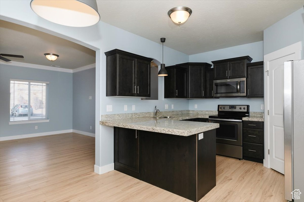 Kitchen with light wood-type flooring, arched walkways, appliances with stainless steel finishes, a peninsula, and dark cabinets