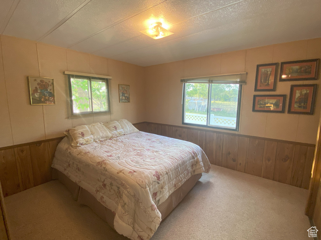 Bedroom featuring multiple windows, carpet, and wooden walls