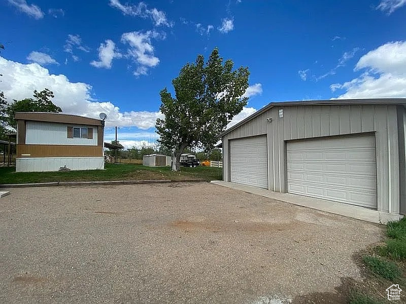 View of detached garage