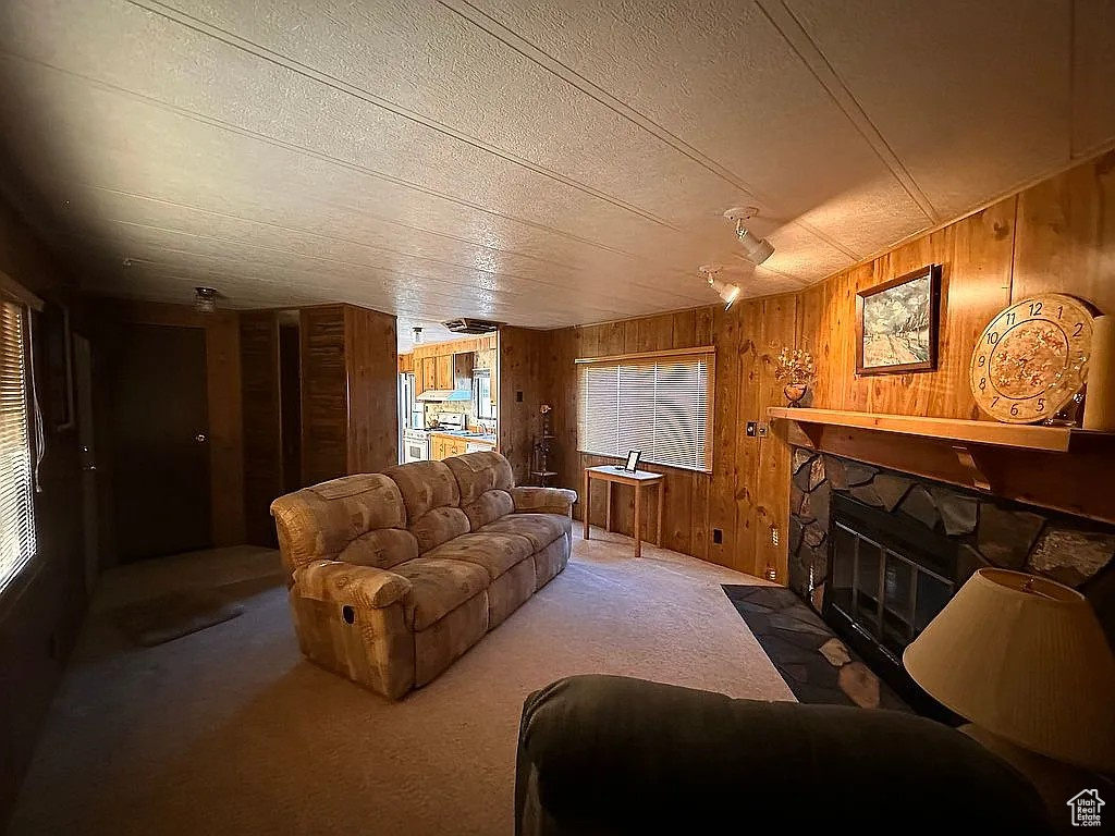 Carpeted living area featuring a stone fireplace and wooden walls