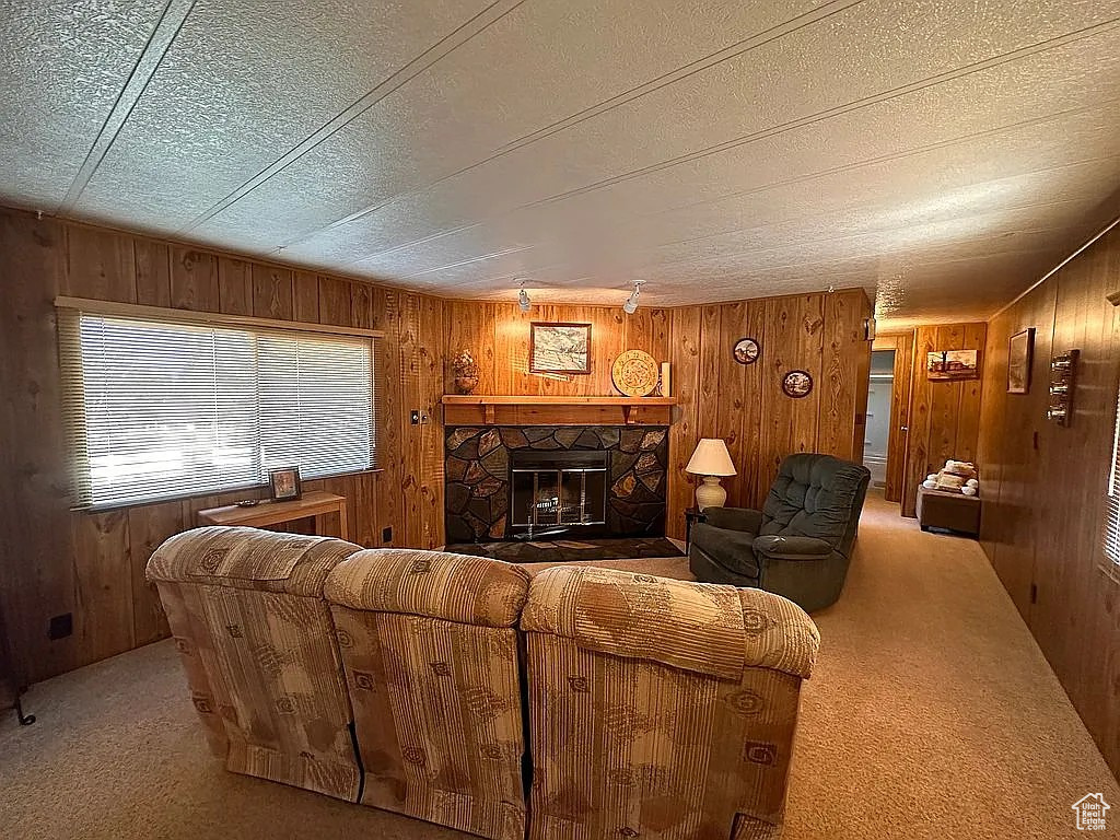 Living room with a textured ceiling, carpet floors, a stone fireplace, and wooden walls