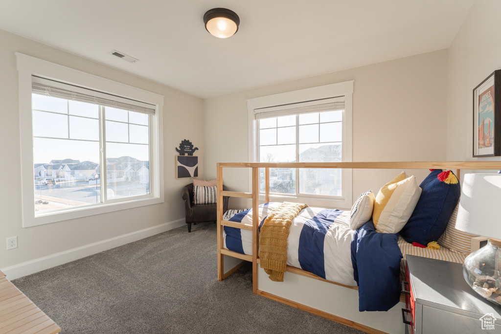 Bedroom featuring multiple windows, carpet flooring, visible vents, and baseboards