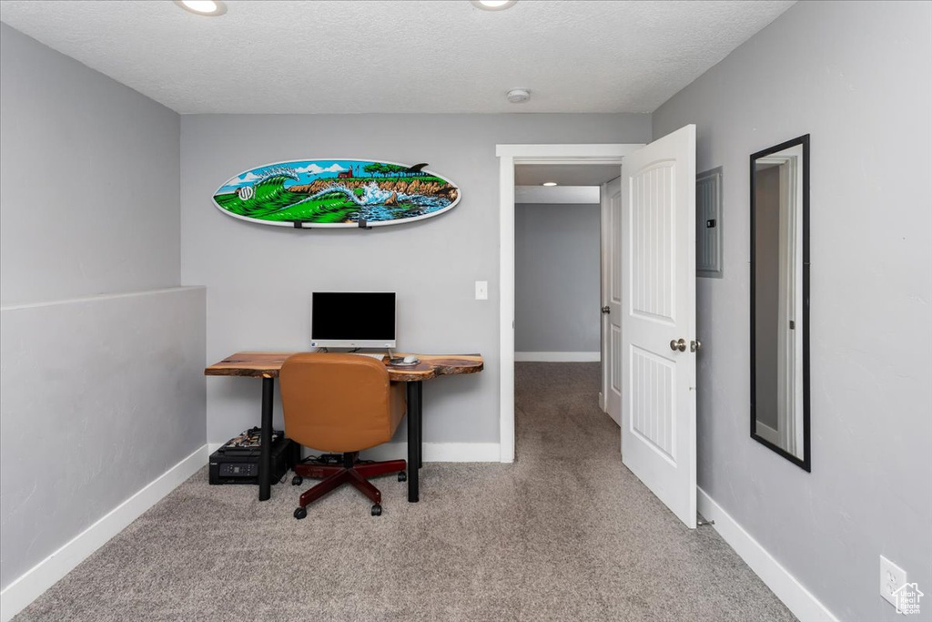 Office area with a textured ceiling, baseboards, and carpet flooring