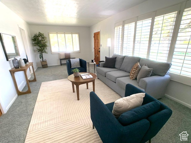 Living room with carpet floors and baseboards