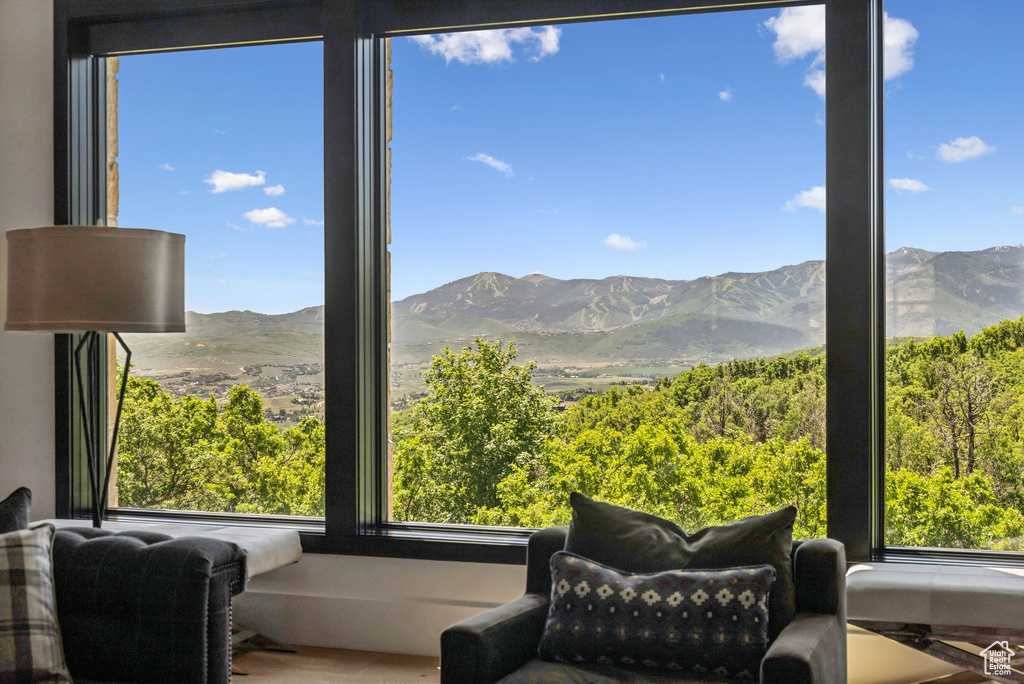 Living area featuring a mountain view