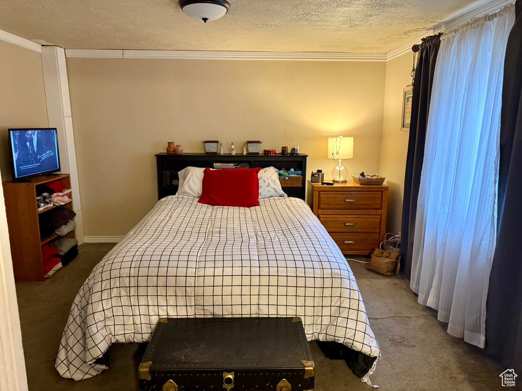 Bedroom featuring ornamental molding, carpet flooring, and a textured ceiling