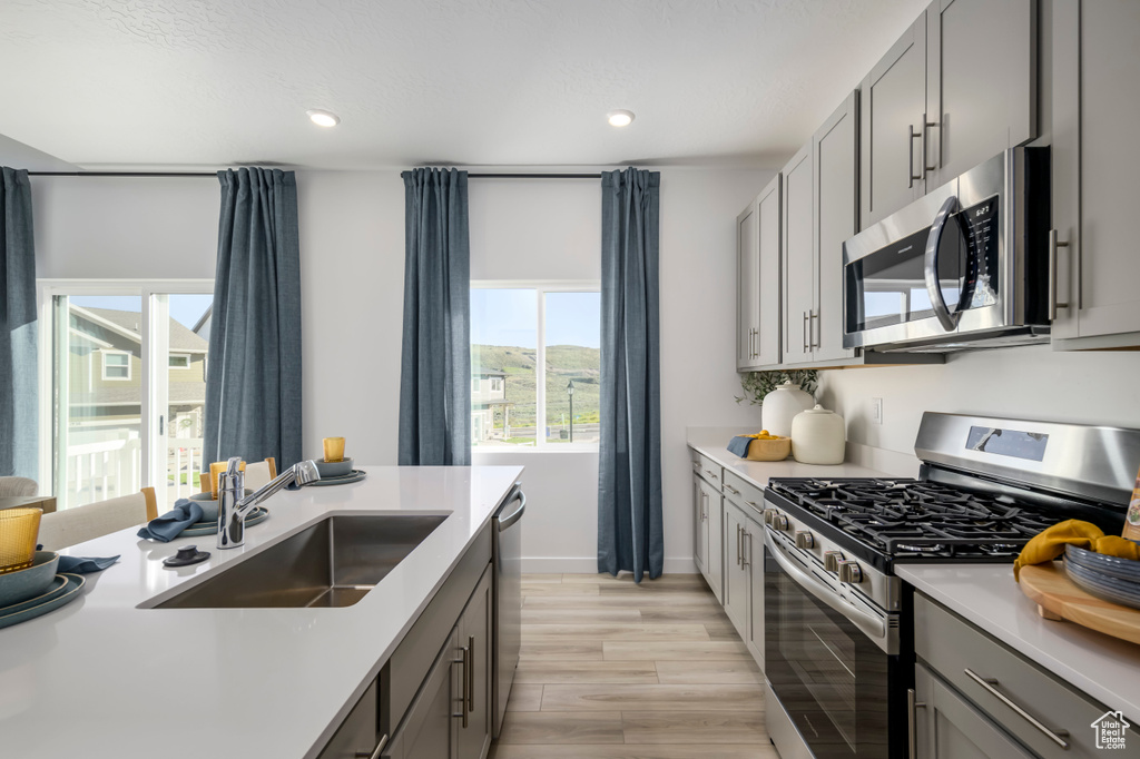 Kitchen featuring a sink, light countertops, appliances with stainless steel finishes, and gray cabinets