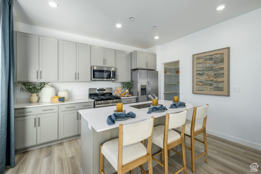Kitchen featuring gray cabinets, stainless steel appliances, light countertops, light wood-style floors, and recessed lighting