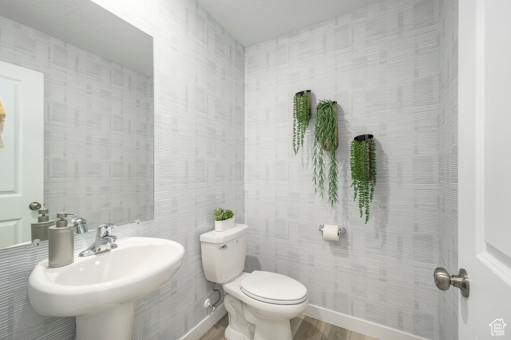 Half bath featuring toilet, baseboards, a sink, and wood finished floors