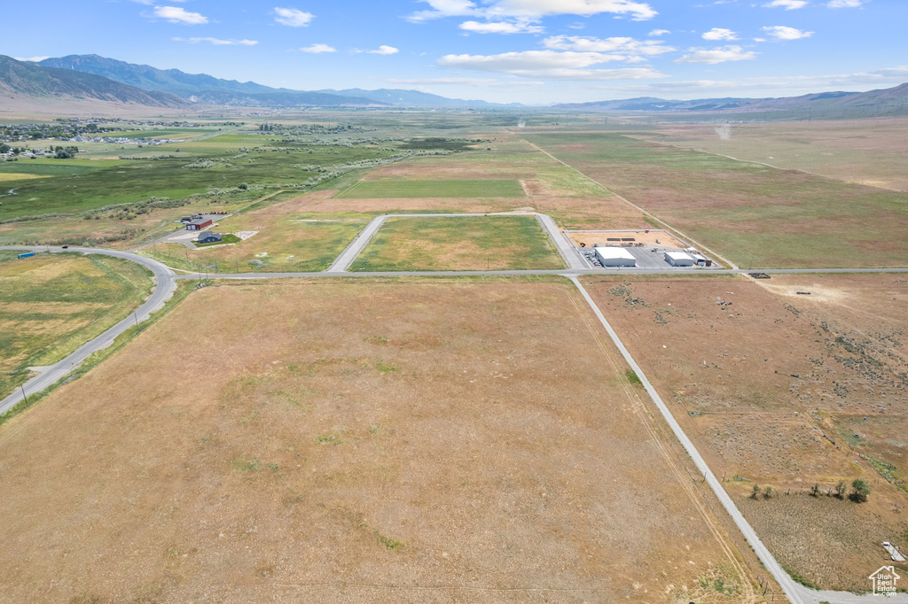 Aerial view of sparsely populated area featuring a mountain backdrop